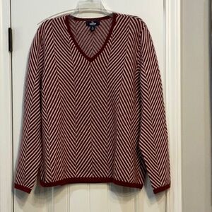 Lands' End Red and White V-Neck Sweater with Chevron Pattern